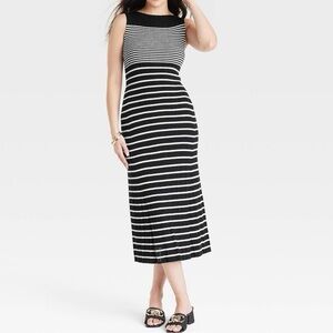 Women's Faux Plisse Midi Sweater Dress - A New Day Black/White Striped
